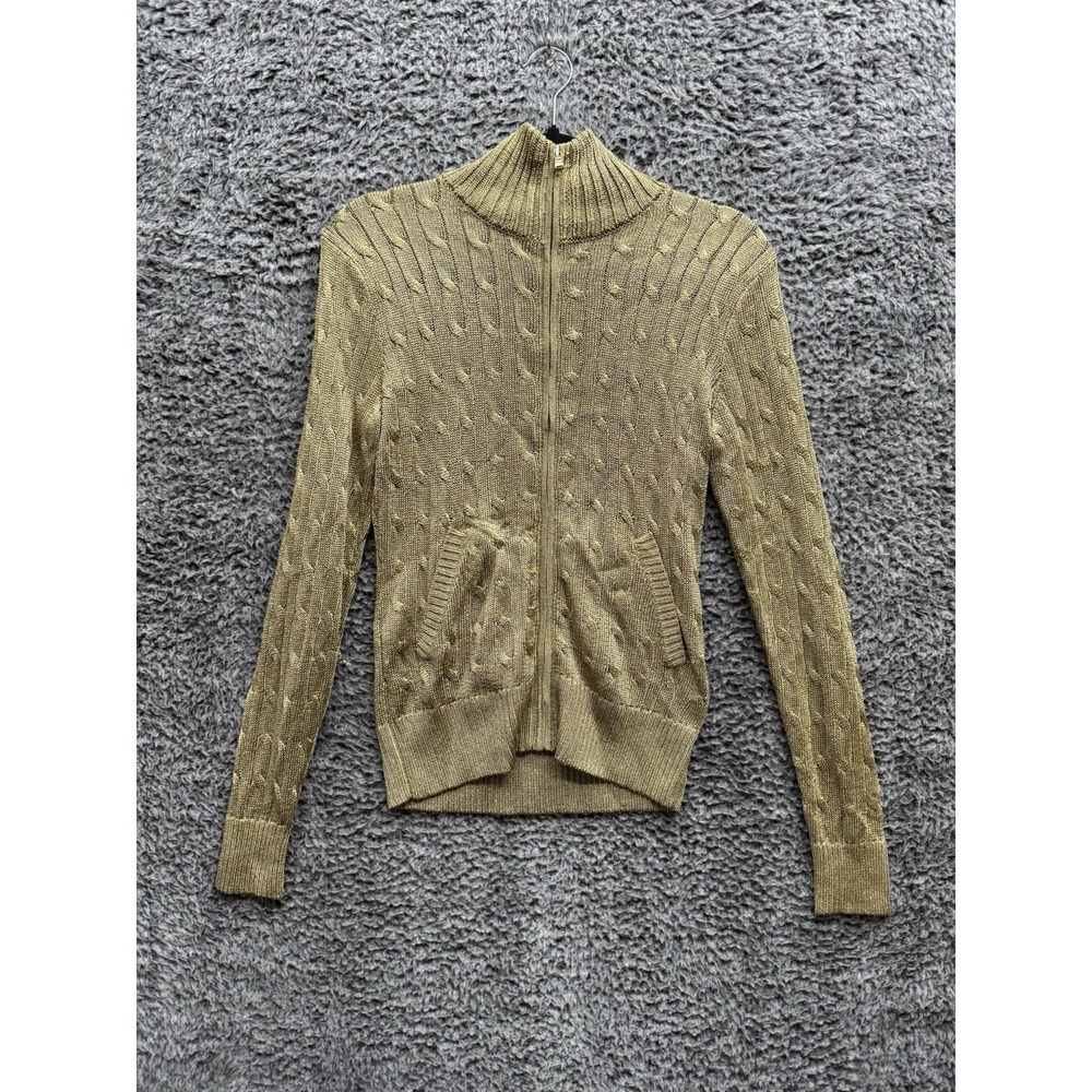 Ralph Lauren Black Label Metallic Gold High Neck Cardigan Zip Sweater Size M